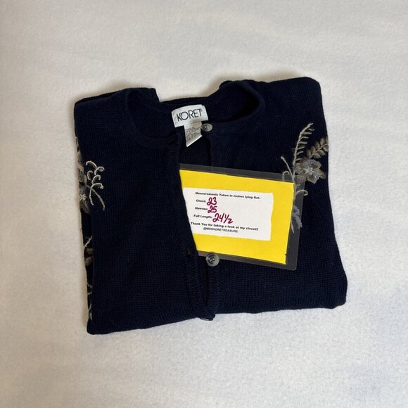 Koret Cardigan Sweater Large With Embroidered Flowers Navy Blue ￼ - Picture 7 of 8